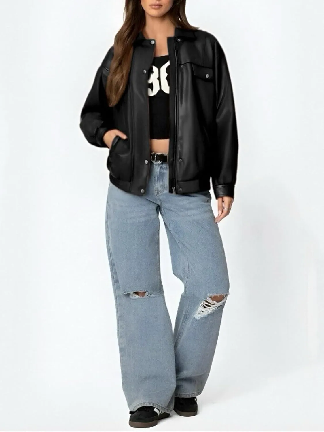 Womens Oversized Leather Jackets Faux Zip Up Motorcycle Bomber Coat Fall Trendy Winter Outfits