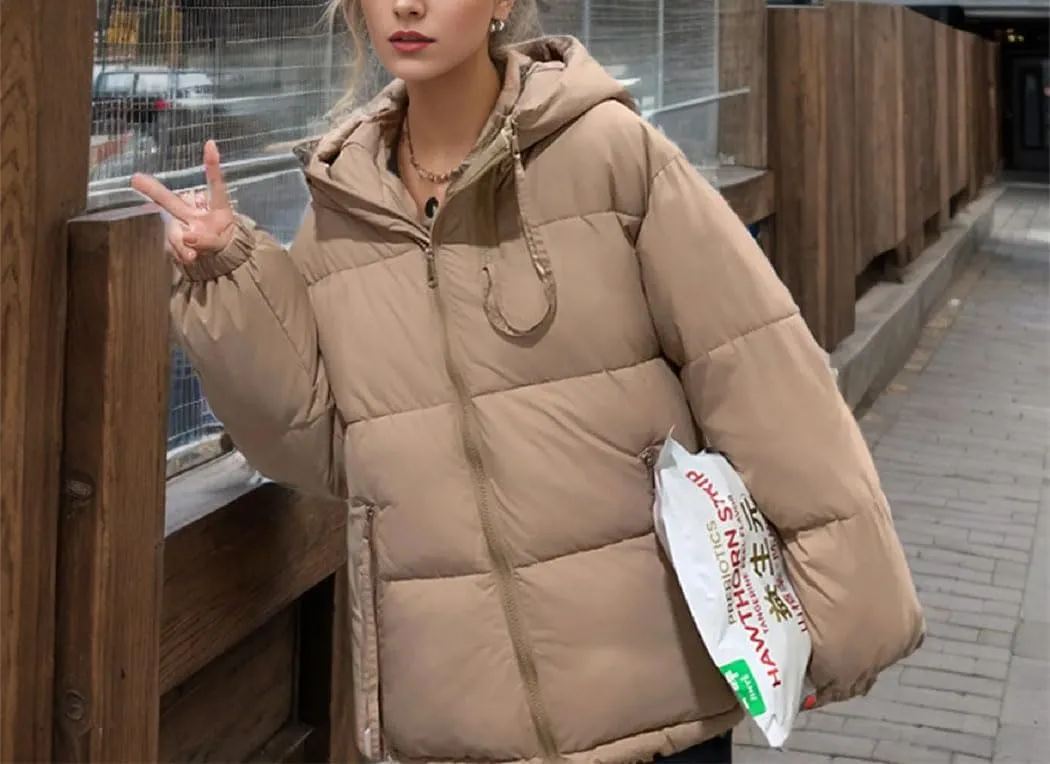 Women's Padded Quilted Puffer Jacket Winter Thicken Warm Cotton Coats Hooded Solid Color Zipper Parkas