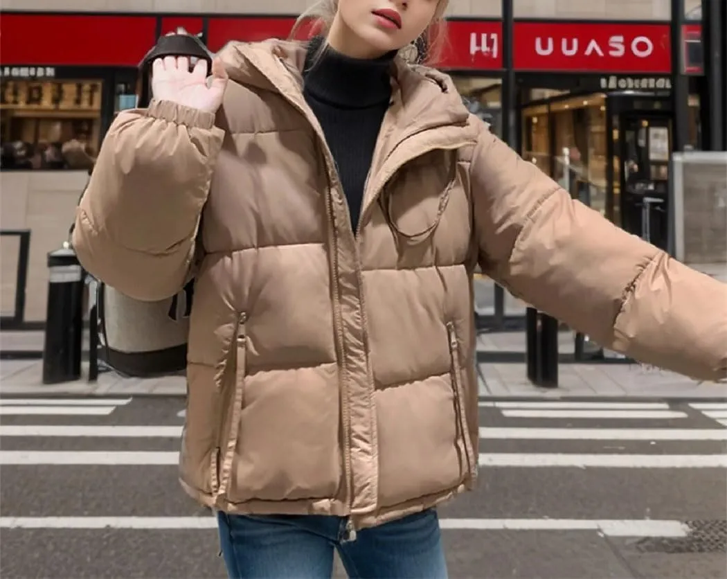 Women's Padded Quilted Puffer Jacket Winter Thicken Warm Cotton Coats Hooded Solid Color Zipper Parkas
