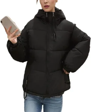 Women's Padded Quilted Puffer Jacket Winter Thicken Warm Cotton Coats Hooded Solid Color Zipper Parkas