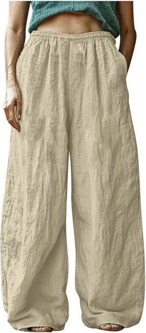 Womens Pants Dressy Casual Elastic Waist Cotton Linen Wide Leg Boho Cropped Trouser Lightweight Pants with Pocket Red L