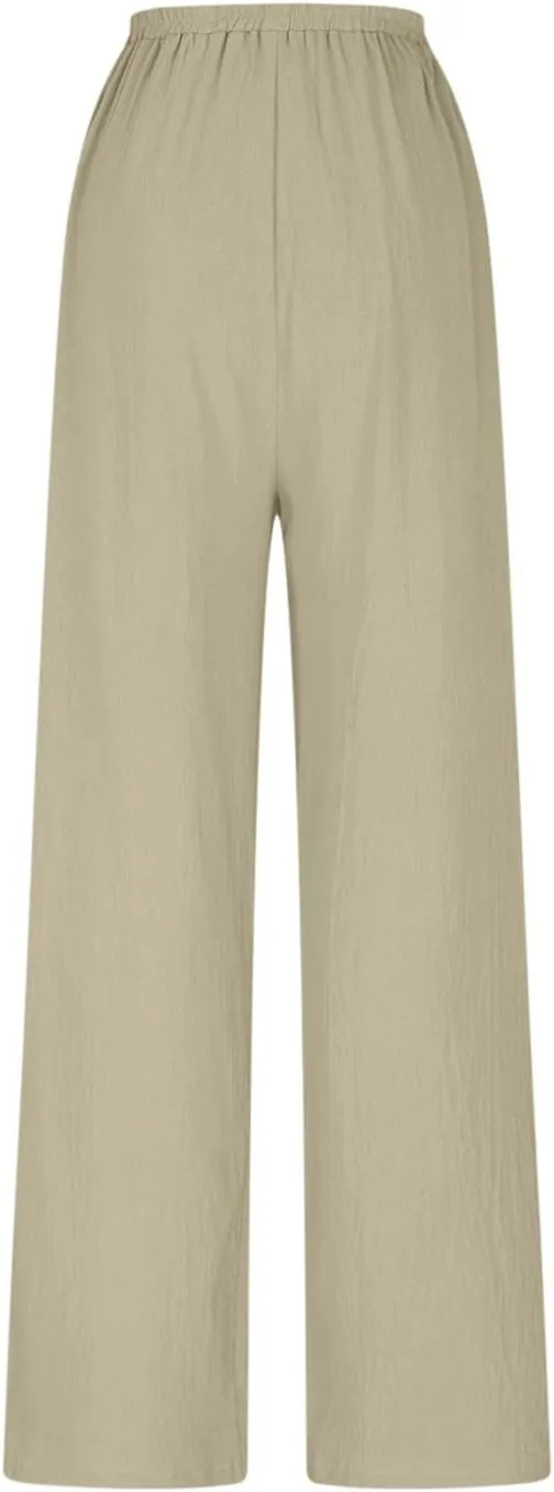 Womens Pants Dressy Casual Elastic Waist Cotton Linen Wide Leg Boho Cropped Trouser Lightweight Pants with Pocket Red L