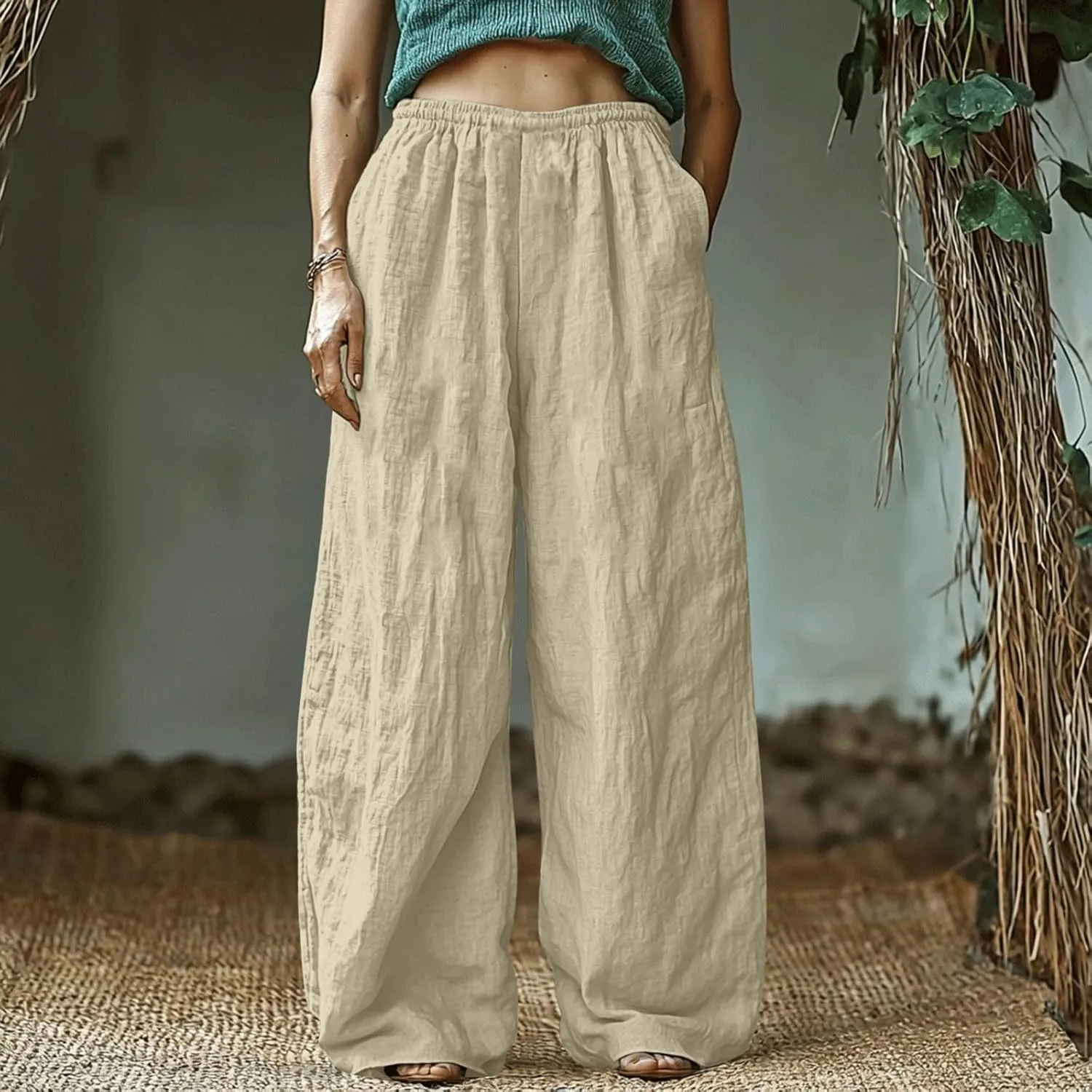Womens Pants Dressy Casual Elastic Waist Cotton Linen Wide Leg Boho Cropped Trouser Lightweight Pants with Pocket Red L