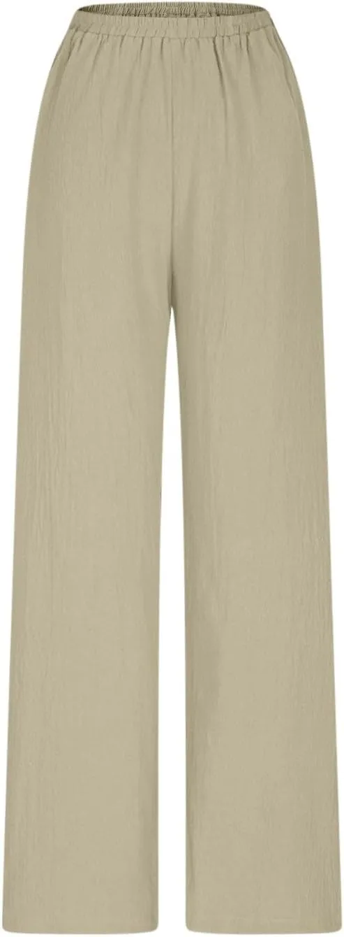 Womens Pants Dressy Casual Elastic Waist Cotton Linen Wide Leg Boho Cropped Trouser Lightweight Pants with Pocket Red L
