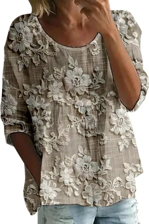 Womens Peasant Boho Tunic Tops 2025 Floral Printed 3/4 Length Sleeve Casual Loose Fit Summer Flowy Babydoll Blouses