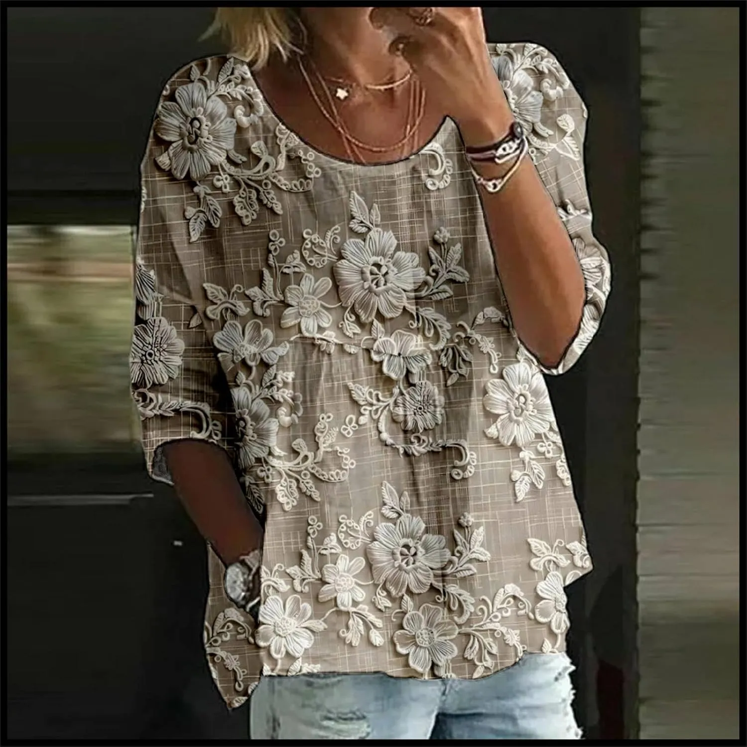 Womens Peasant Boho Tunic Tops 2025 Floral Printed 3/4 Length Sleeve Casual Loose Fit Summer Flowy Babydoll Blouses