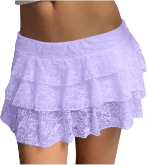 Womens Pleated Mini Skirt Sexy Lace Ruffle Low Rise Layered Skirt Y2k Pleated Flowy Short Underskirt Party Streetwear