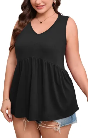 Women's Plus Size Tank Tops 2025 Sleeveless Pleated V Neck Blouse Casual Loose Fit Summer Tops for Curvy Women