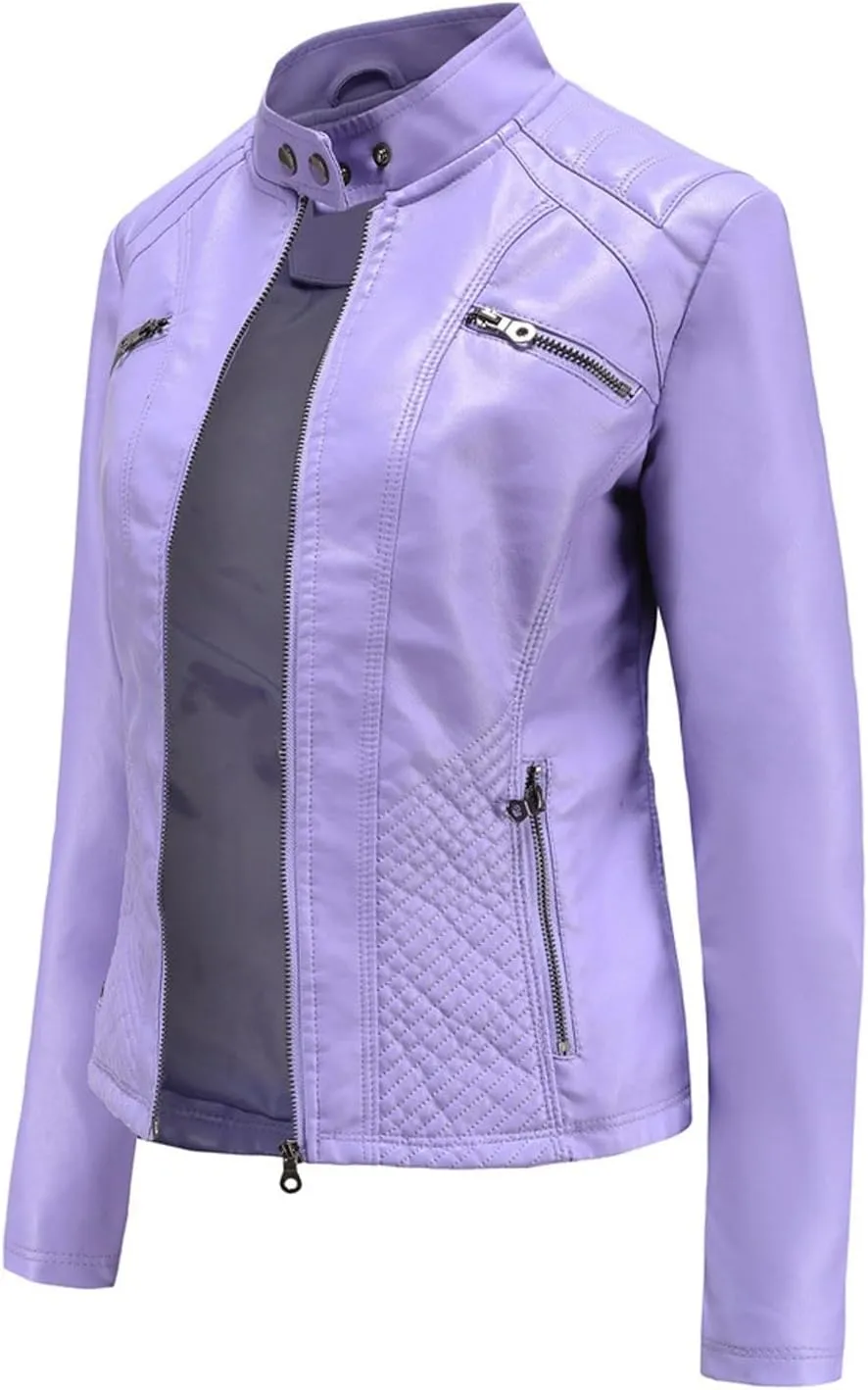 Women's PU Faux Leather Jacket Standing Collar Cardigan Zip Up Outwear Open Front Lapel Overcoat PU Biker Jackets