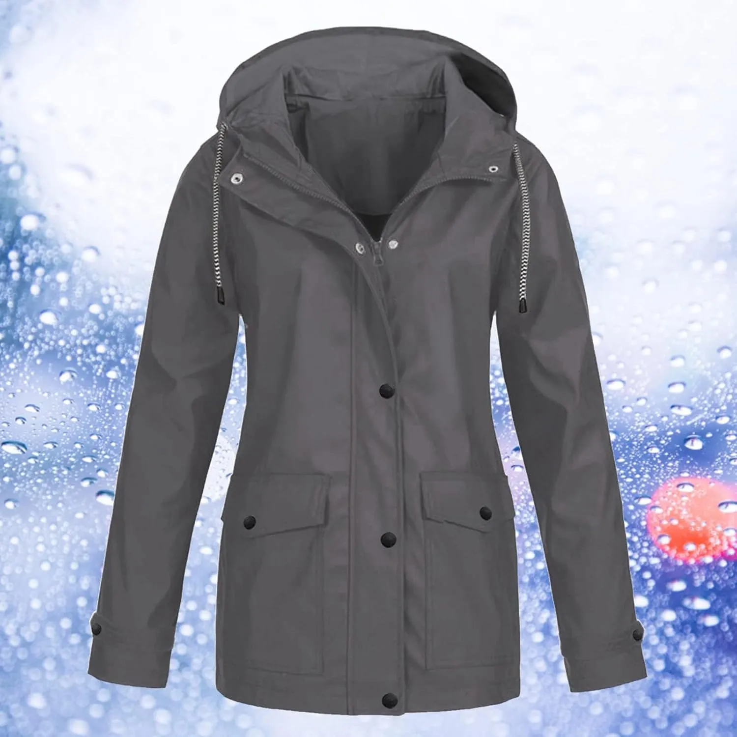 Womens Rain Jacket Lightweight Waterproof Windbreaker Mountain Jacket Zip Up Hooded Raincoats Outdoor Trench Coats