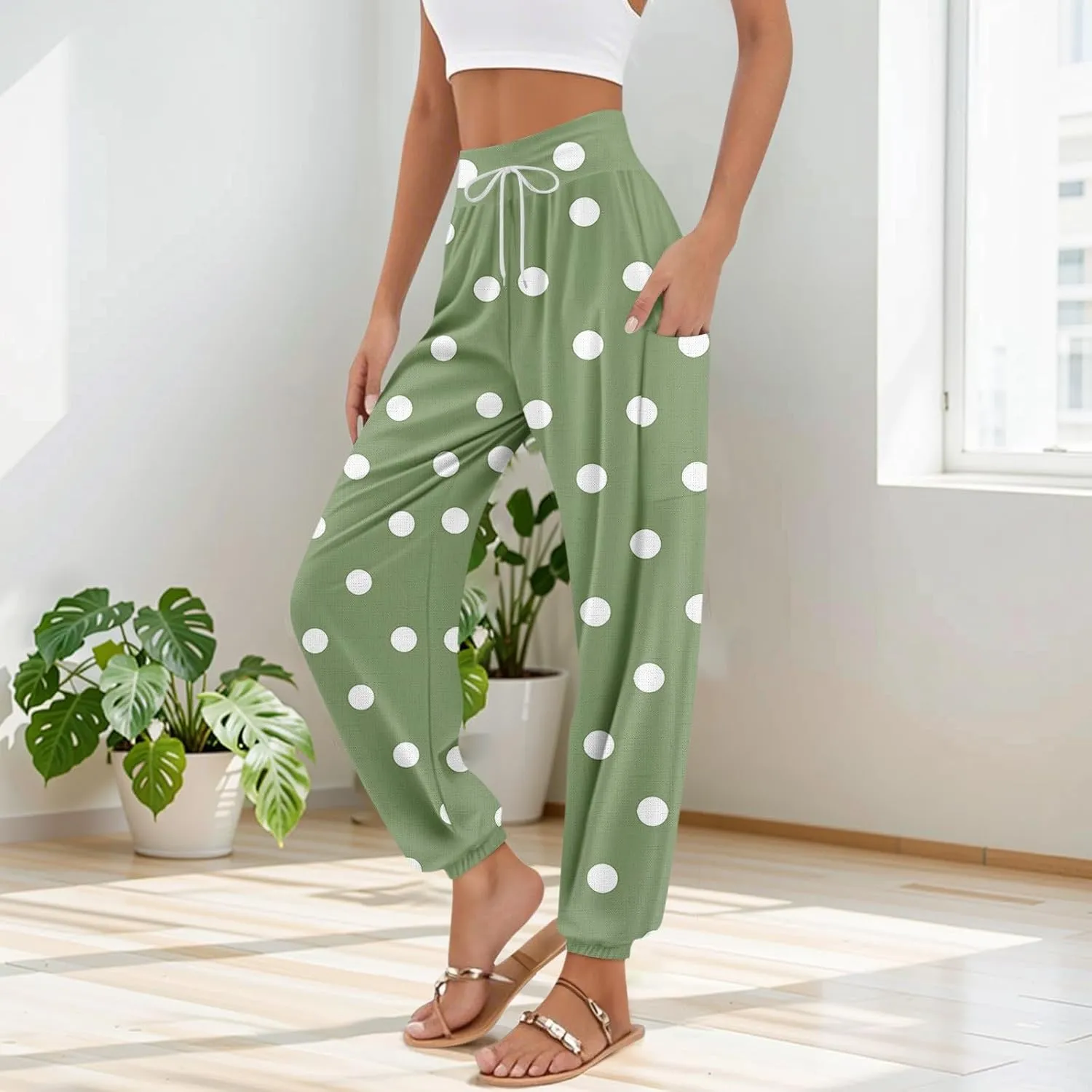 Women's Retro High Waist Drawstring Boho Floral Printed Linen Harem Pants Casual Elastic Waist Crop Trousers for Women A1