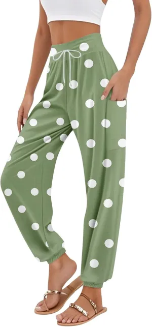 Women's Retro High Waist Drawstring Boho Floral Printed Linen Harem Pants Casual Elastic Waist Crop Trousers for Women A1
