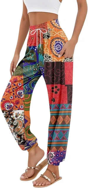Women's Retro High Waist Drawstring Boho Floral Printed Linen Harem Pants Casual Elastic Waist Crop Trousers for Women A2