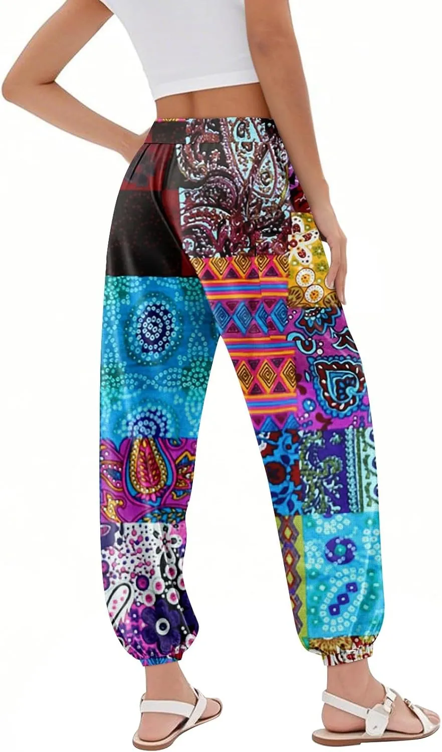 Women's Retro High Waist Drawstring Boho Floral Printed Linen Harem Pants Casual Elastic Waist Crop Trousers for Women A2