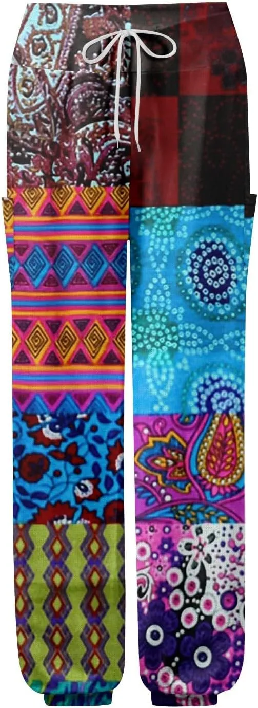 Women's Retro High Waist Drawstring Boho Floral Printed Linen Harem Pants Casual Elastic Waist Crop Trousers for Women A2