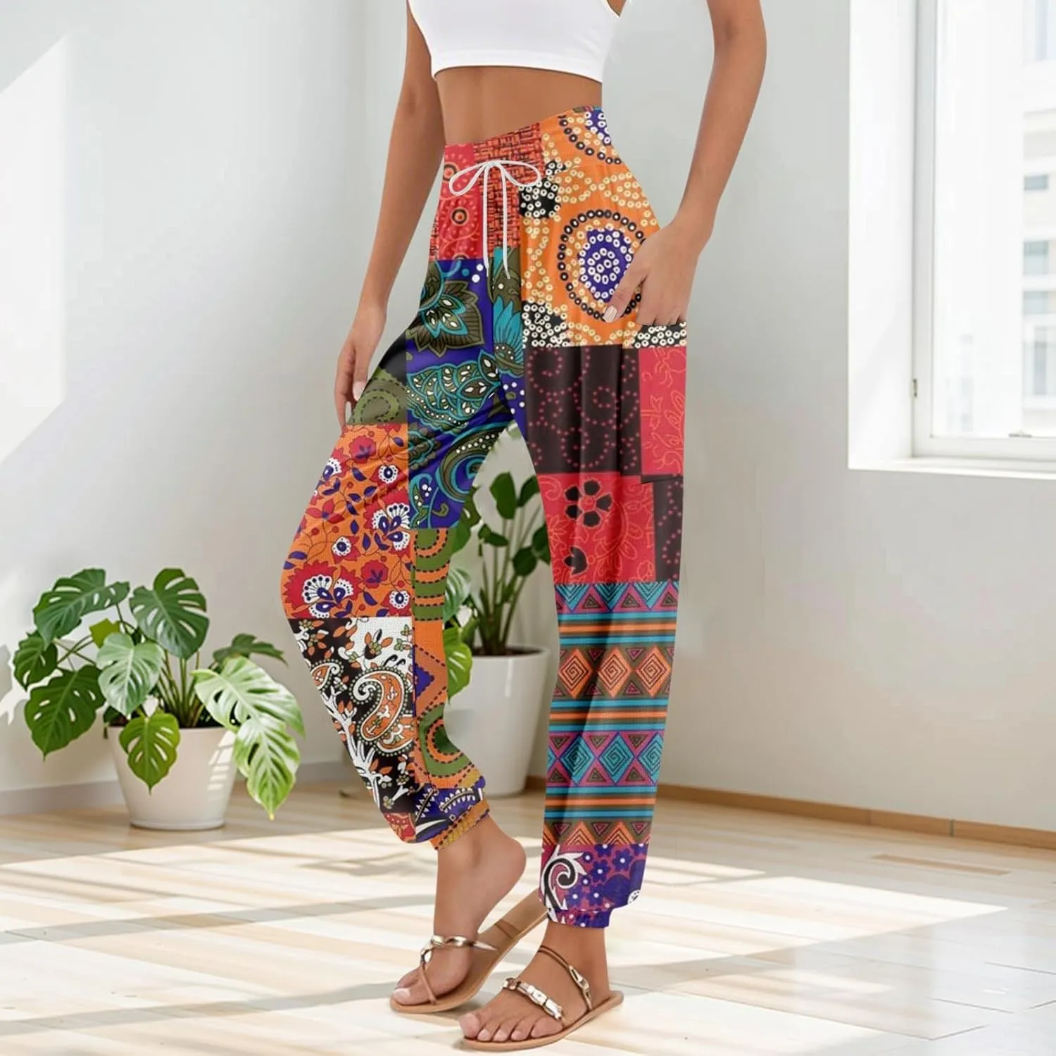 Women's Retro High Waist Drawstring Boho Floral Printed Linen Harem Pants Casual Elastic Waist Crop Trousers for Women A2