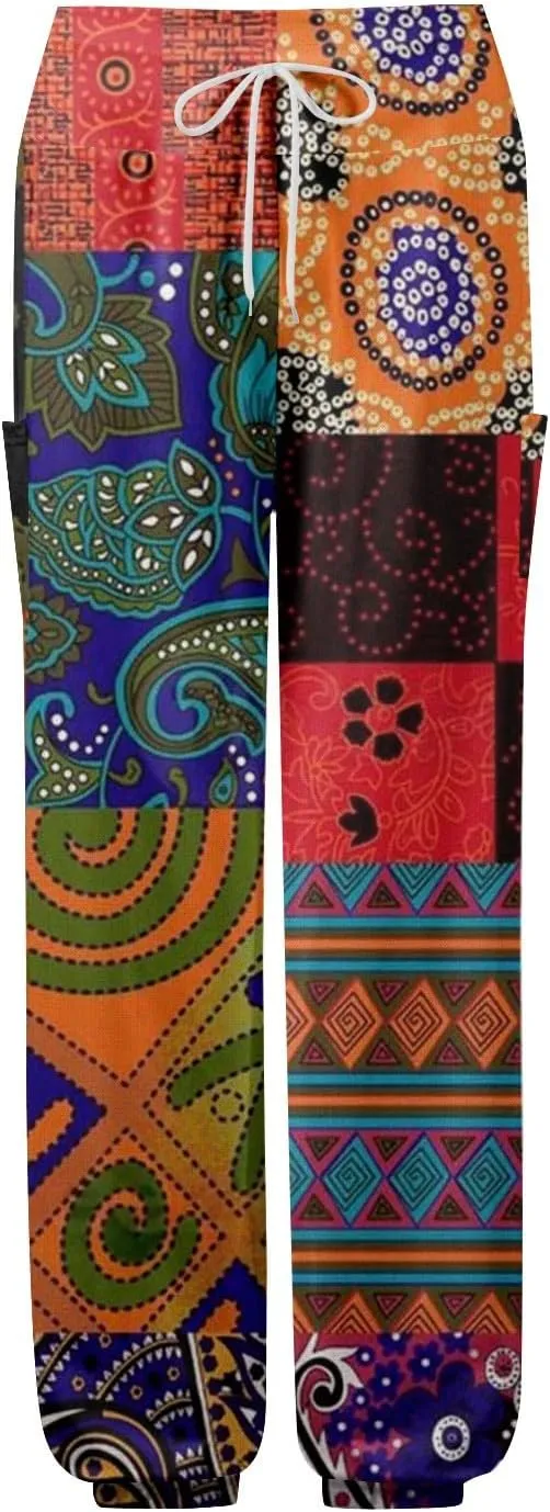 Women's Retro High Waist Drawstring Boho Floral Printed Linen Harem Pants Casual Elastic Waist Crop Trousers for Women A2