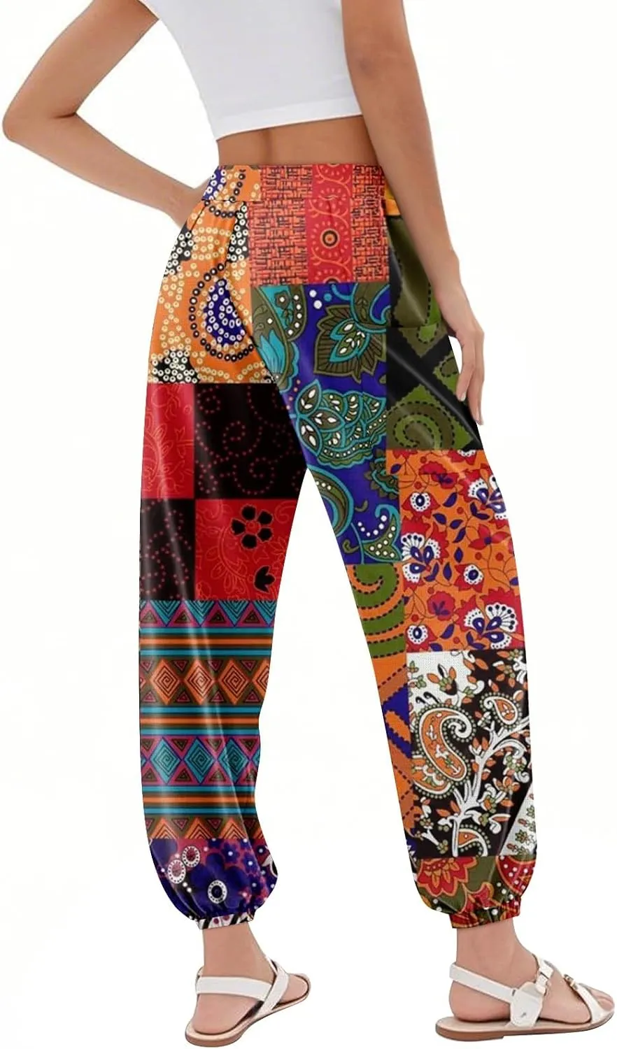 Women's Retro High Waist Drawstring Boho Floral Printed Linen Harem Pants Casual Elastic Waist Crop Trousers for Women A2