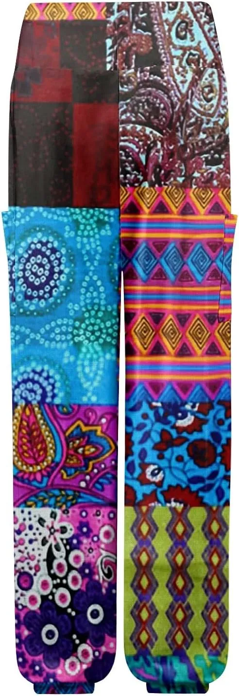 Women's Retro High Waist Drawstring Boho Floral Printed Linen Harem Pants Casual Elastic Waist Crop Trousers for Women A2