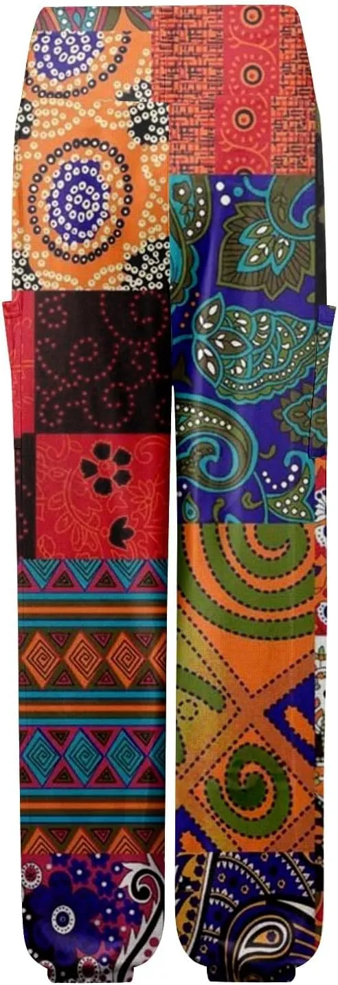 Women's Retro High Waist Drawstring Boho Floral Printed Linen Harem Pants Casual Elastic Waist Crop Trousers for Women A2