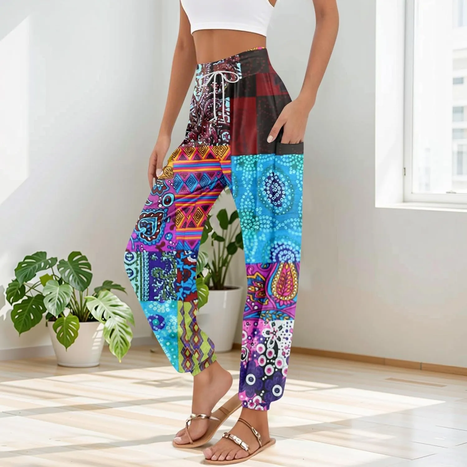Women's Retro High Waist Drawstring Boho Floral Printed Linen Harem Pants Casual Elastic Waist Crop Trousers for Women A2