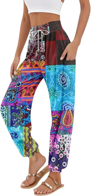Women's Retro High Waist Drawstring Boho Floral Printed Linen Harem Pants Casual Elastic Waist Crop Trousers for Women A2
