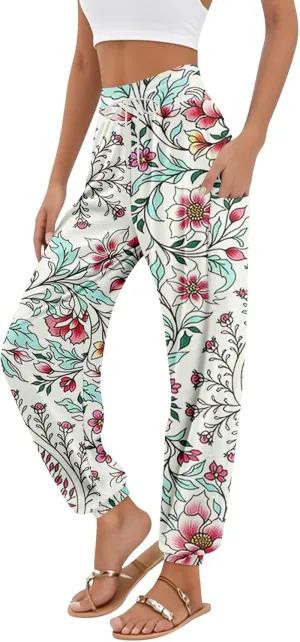 Women's Retro High Waist Drawstring Boho Floral Printed Linen Harem Pants Casual Elastic Waist Crop Trousers for Women C2