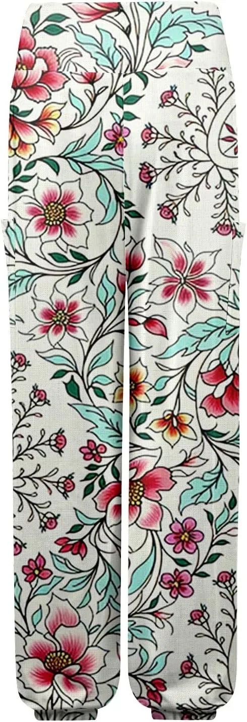 Women's Retro High Waist Drawstring Boho Floral Printed Linen Harem Pants Casual Elastic Waist Crop Trousers for Women C2