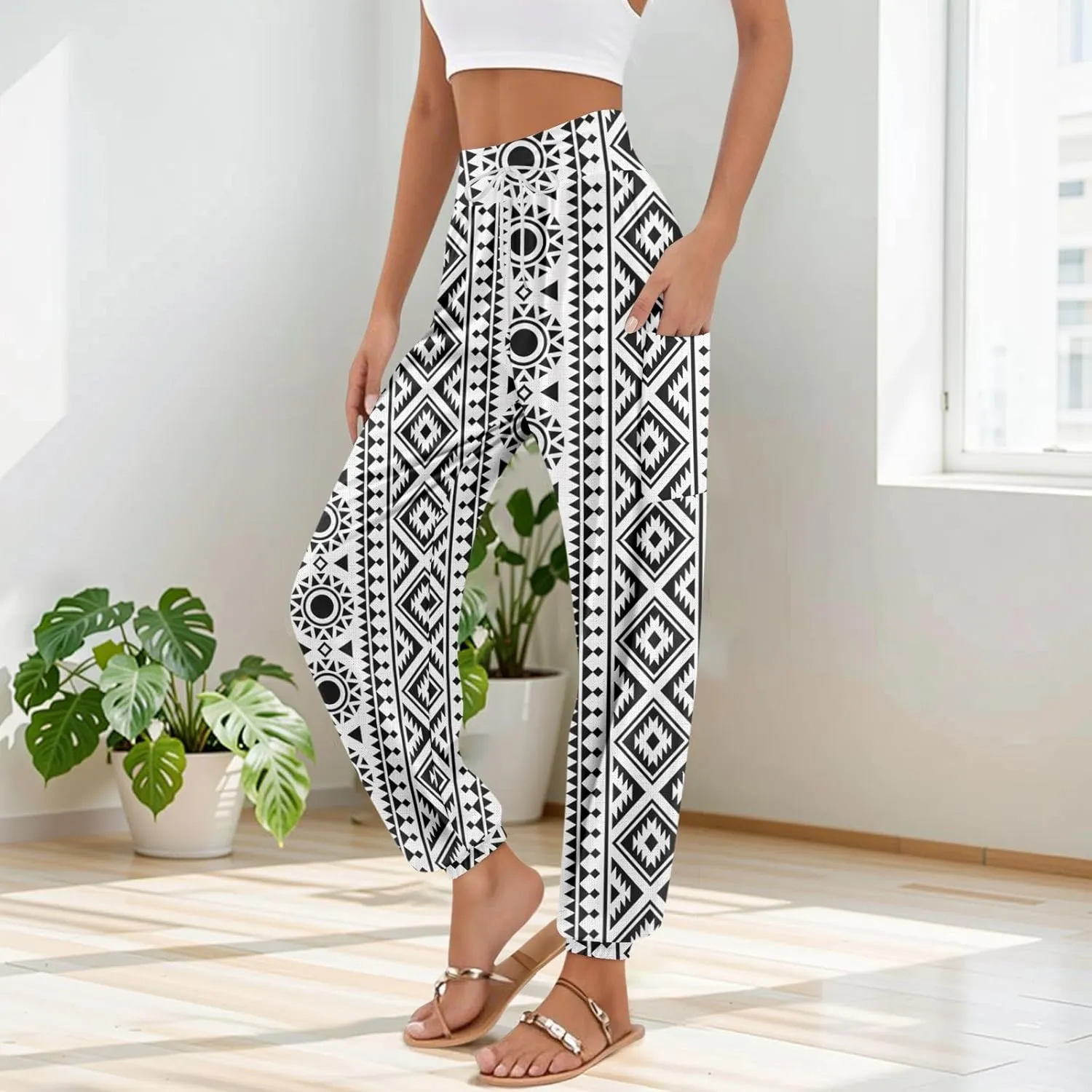 Women's Retro High Waist Drawstring Boho Floral Printed Linen Harem Pants Casual Elastic Waist Crop Trousers for Women C2