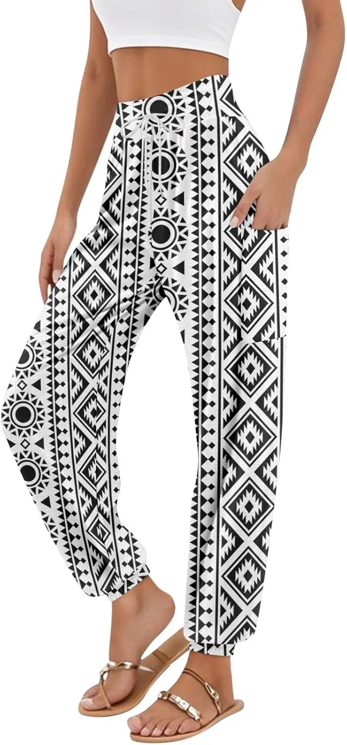 Women's Retro High Waist Drawstring Boho Floral Printed Linen Harem Pants Casual Elastic Waist Crop Trousers for Women C2
