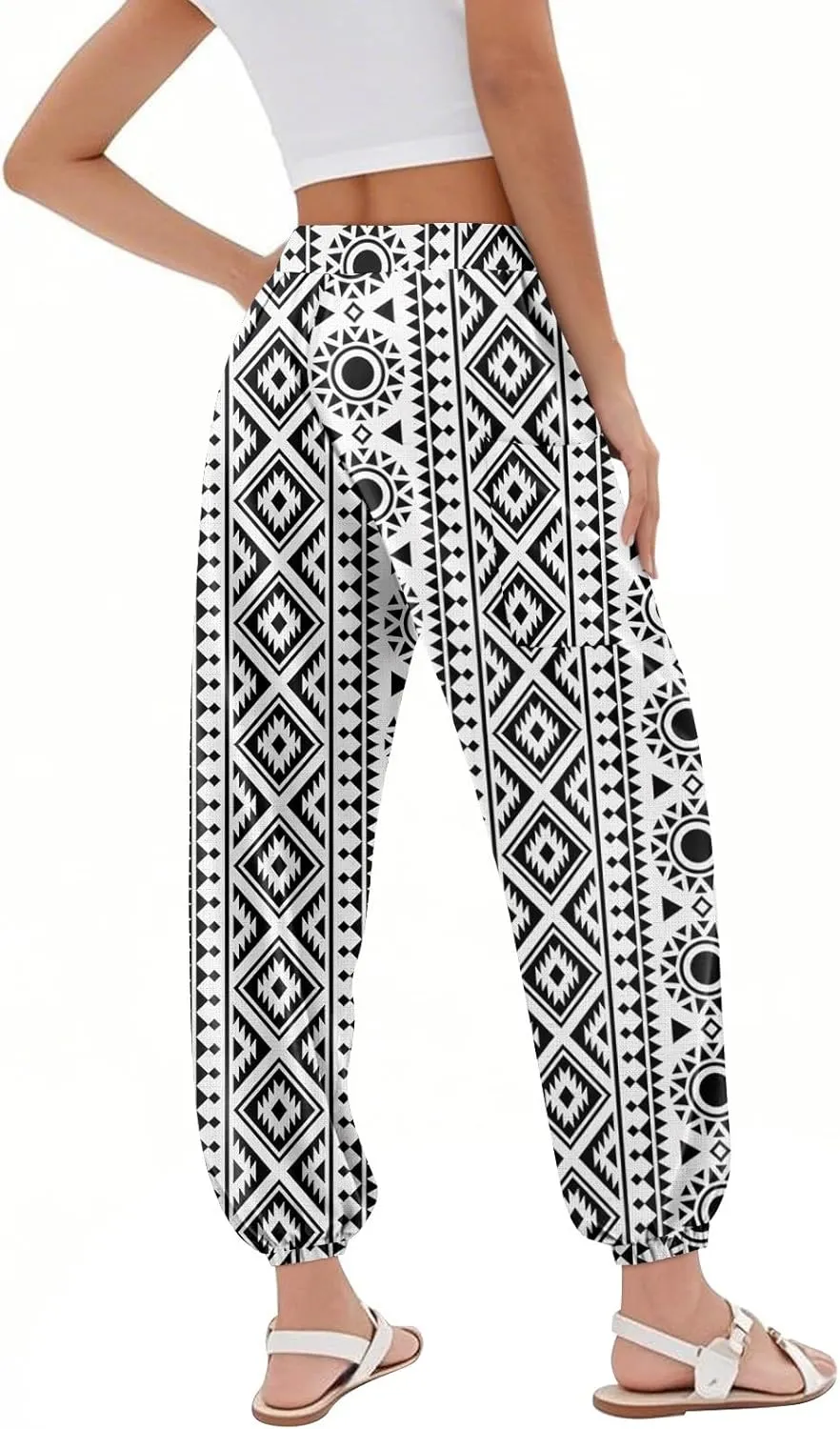 Women's Retro High Waist Drawstring Boho Floral Printed Linen Harem Pants Casual Elastic Waist Crop Trousers for Women C2