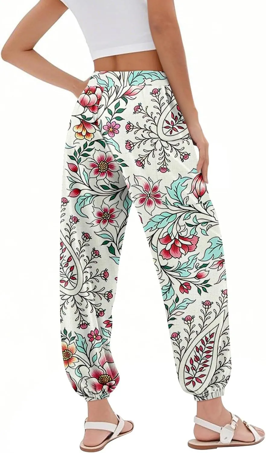 Women's Retro High Waist Drawstring Boho Floral Printed Linen Harem Pants Casual Elastic Waist Crop Trousers for Women C2