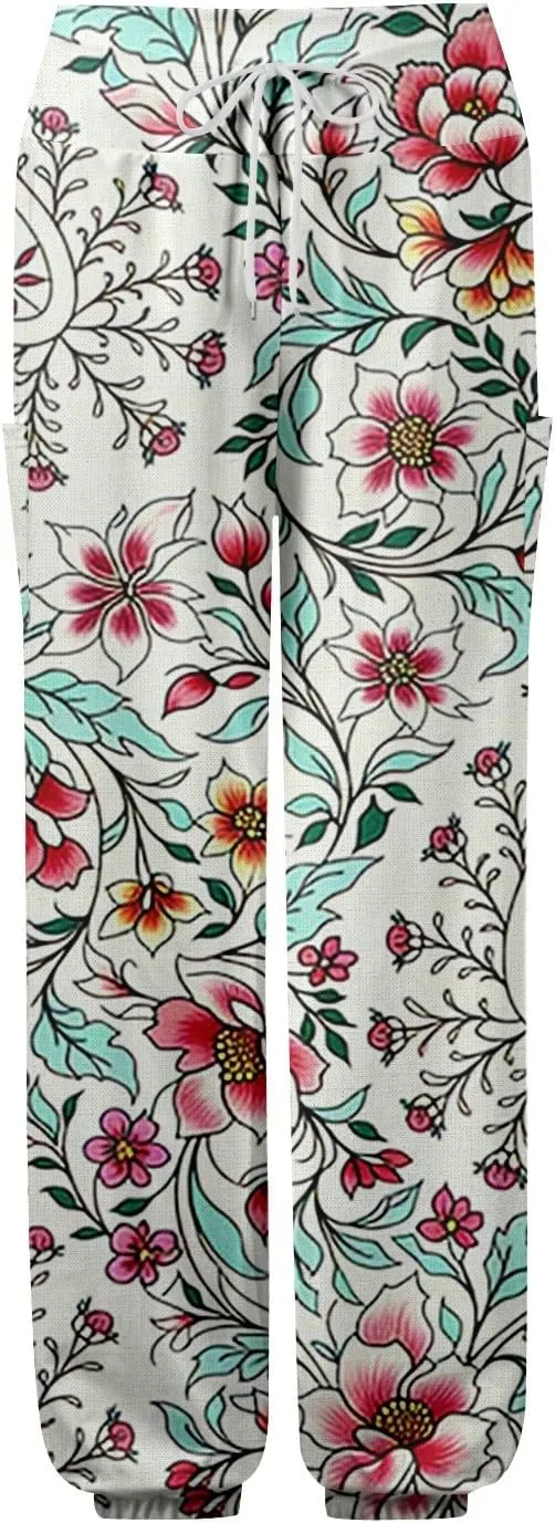 Women's Retro High Waist Drawstring Boho Floral Printed Linen Harem Pants Casual Elastic Waist Crop Trousers for Women C2