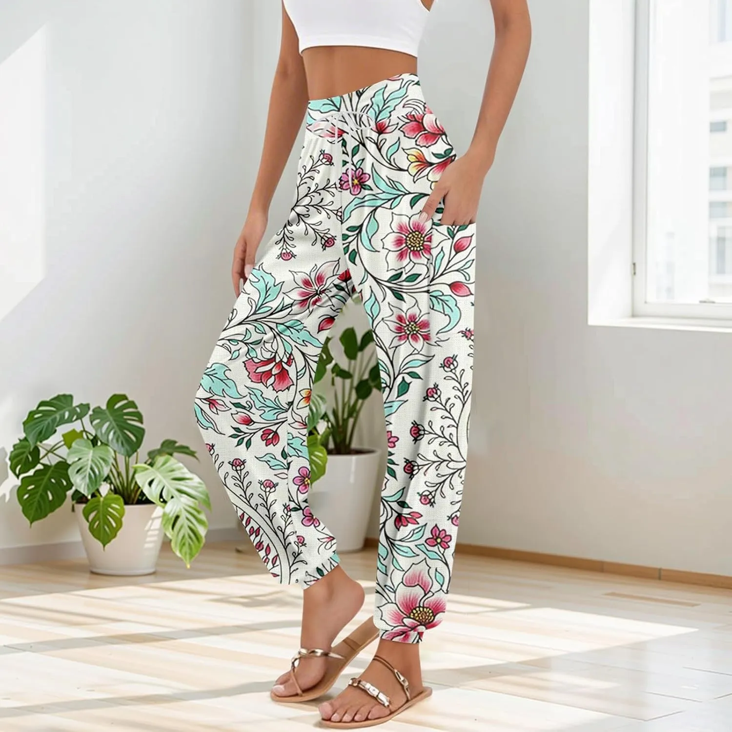 Women's Retro High Waist Drawstring Boho Floral Printed Linen Harem Pants Casual Elastic Waist Crop Trousers for Women C2