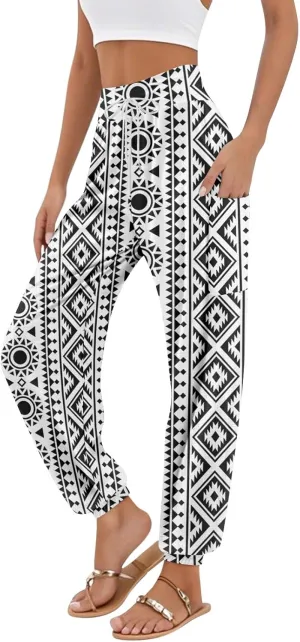 Women's Retro High Waist Drawstring Boho Floral Printed Linen Harem Pants Casual Elastic Waist Crop Trousers for Women C2
