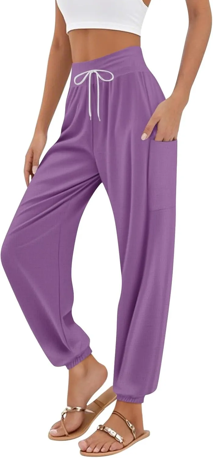 Women's Retro High Waist Drawstring Boho Floral Printed Linen Harem Pants Casual Elastic Waist Crop Trousers for Women D0