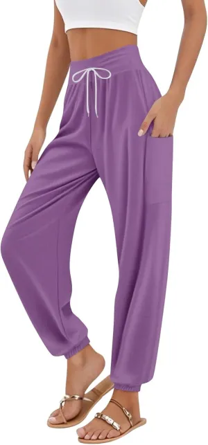 Women's Retro High Waist Drawstring Boho Floral Printed Linen Harem Pants Casual Elastic Waist Crop Trousers for Women D0