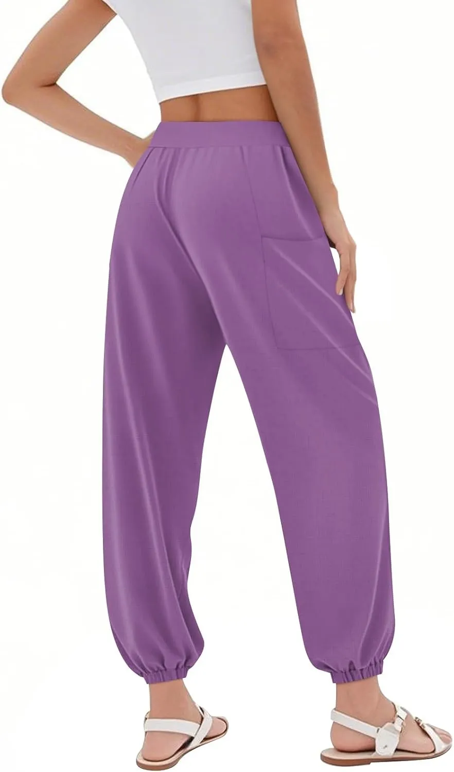 Women's Retro High Waist Drawstring Boho Floral Printed Linen Harem Pants Casual Elastic Waist Crop Trousers for Women D0