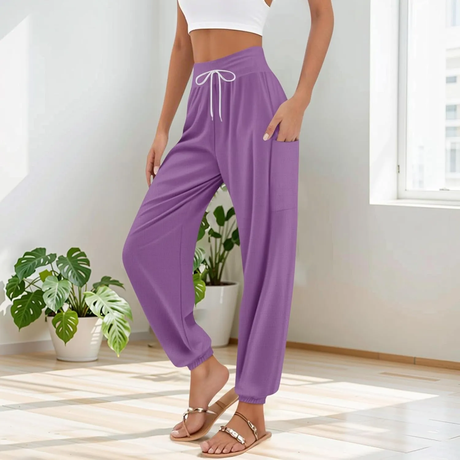 Women's Retro High Waist Drawstring Boho Floral Printed Linen Harem Pants Casual Elastic Waist Crop Trousers for Women D0