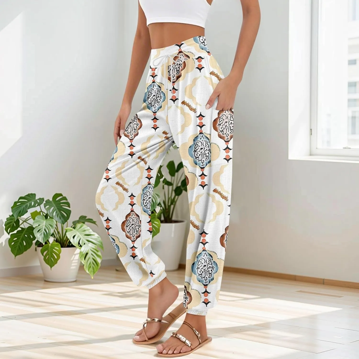 Women's Retro High Waist Drawstring Boho Floral Printed Linen Harem Pants Casual Elastic Waist Crop Trousers for Women F2