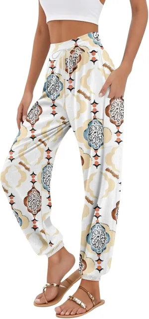 Women's Retro High Waist Drawstring Boho Floral Printed Linen Harem Pants Casual Elastic Waist Crop Trousers for Women F2
