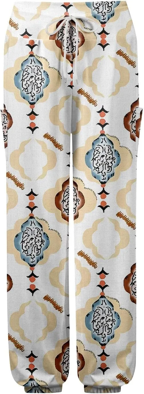 Women's Retro High Waist Drawstring Boho Floral Printed Linen Harem Pants Casual Elastic Waist Crop Trousers for Women F2