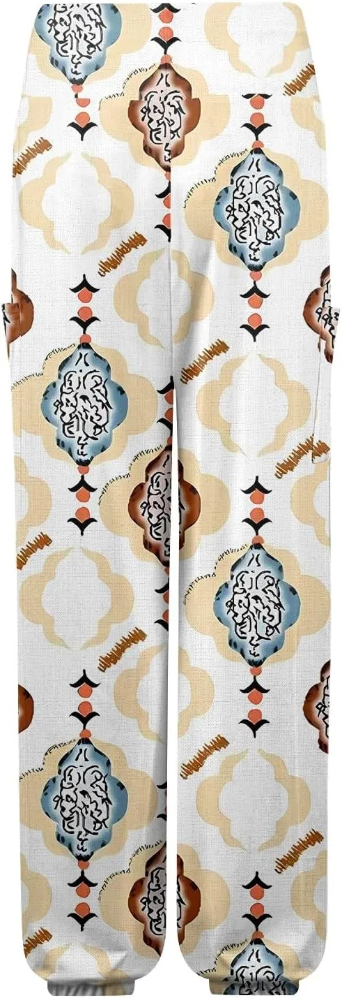 Women's Retro High Waist Drawstring Boho Floral Printed Linen Harem Pants Casual Elastic Waist Crop Trousers for Women F2