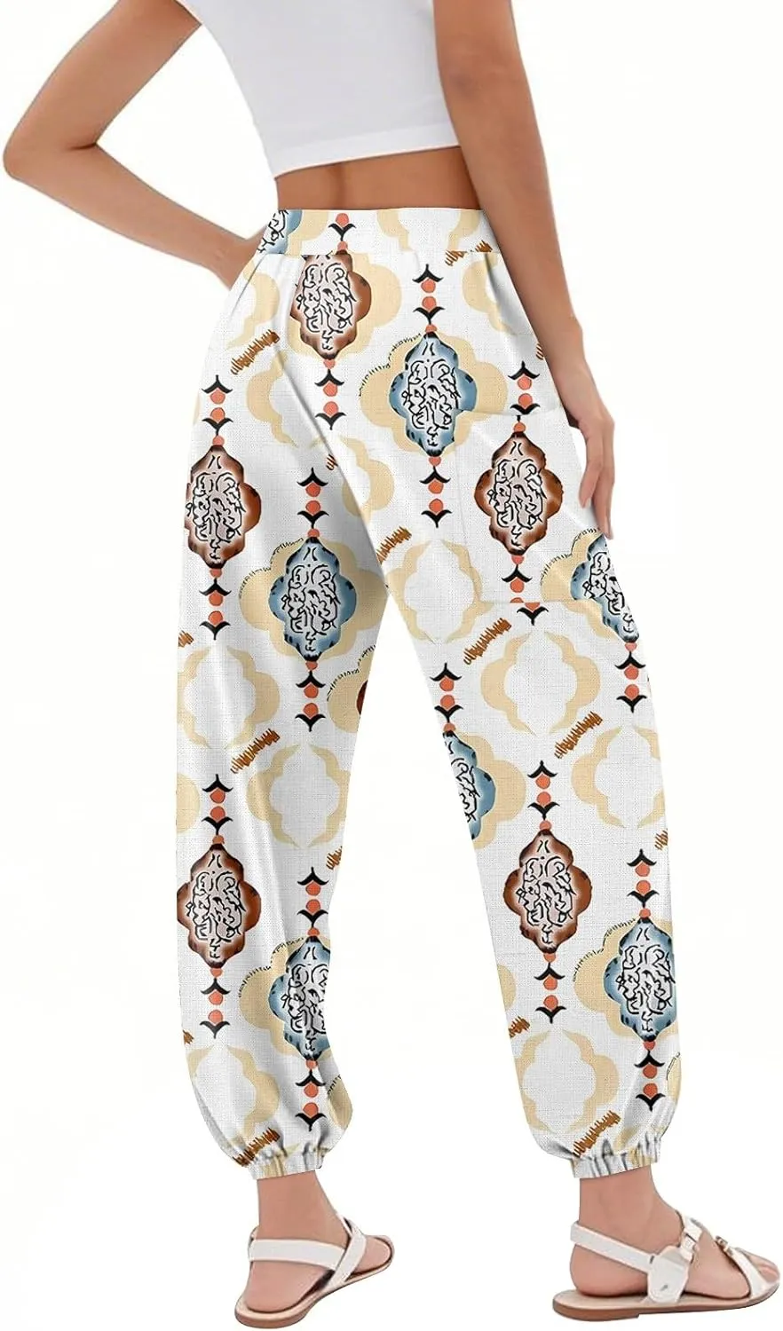 Women's Retro High Waist Drawstring Boho Floral Printed Linen Harem Pants Casual Elastic Waist Crop Trousers for Women F2