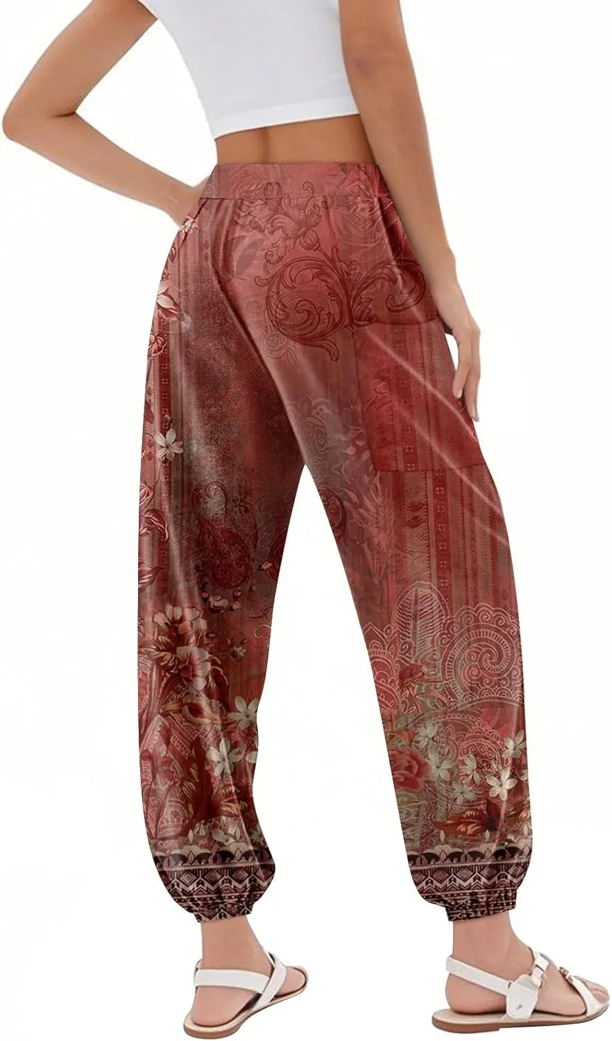 Women's Retro High Waist Drawstring Boho Floral Printed Linen Harem Pants Casual Elastic Waist Crop Trousers for Women I1