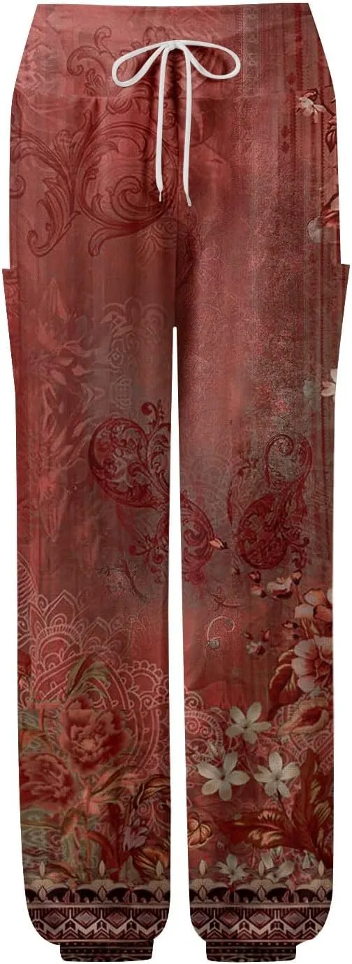 Women's Retro High Waist Drawstring Boho Floral Printed Linen Harem Pants Casual Elastic Waist Crop Trousers for Women I1