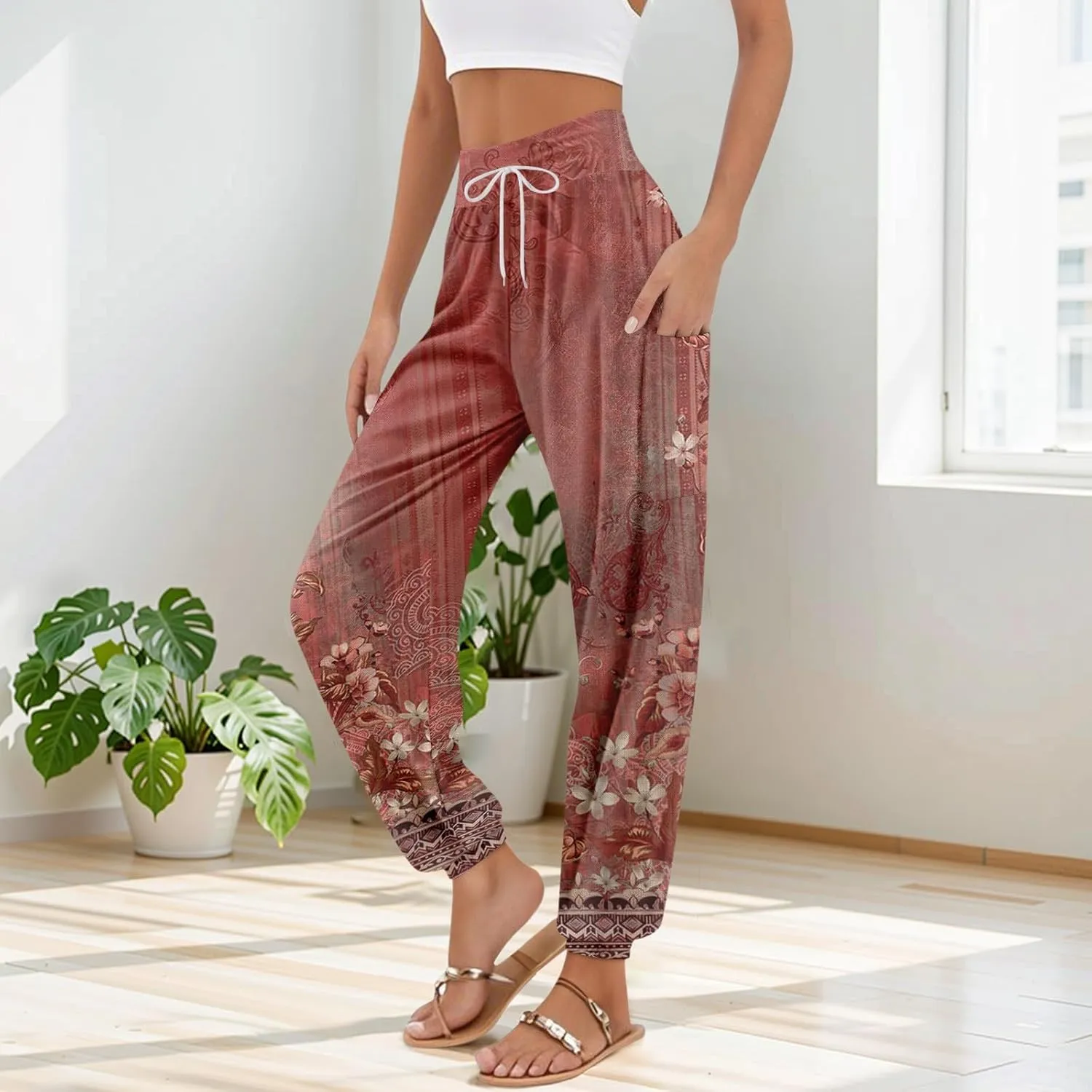 Women's Retro High Waist Drawstring Boho Floral Printed Linen Harem Pants Casual Elastic Waist Crop Trousers for Women I1