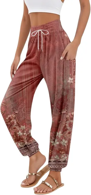 Women's Retro High Waist Drawstring Boho Floral Printed Linen Harem Pants Casual Elastic Waist Crop Trousers for Women I1