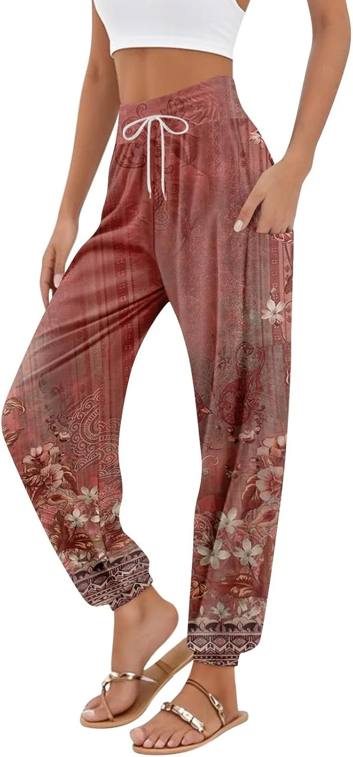 Women's Retro High Waist Drawstring Boho Floral Printed Linen Harem Pants Casual Elastic Waist Crop Trousers for Women I1