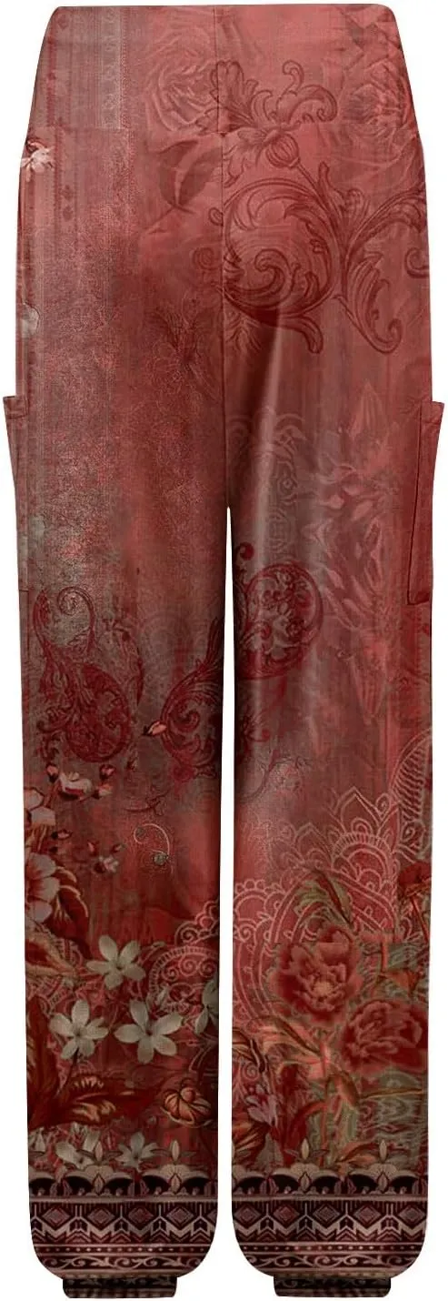 Women's Retro High Waist Drawstring Boho Floral Printed Linen Harem Pants Casual Elastic Waist Crop Trousers for Women I1